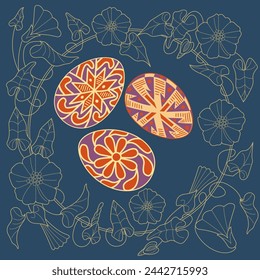 An Easter egg and an outline image of flowers creates a festive mood. Can be used for greeting cards, packaging printing