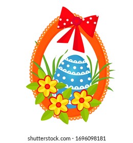 Easter egg in an oval frame with lace surrounded by grass and flowers