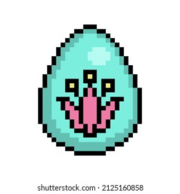 Easter egg painted blue decorated with pink bell flower symbol, 8 bit icon isolated on white background. Old school vintage retro 80s, 90s 2d video game, slot machine graphics.