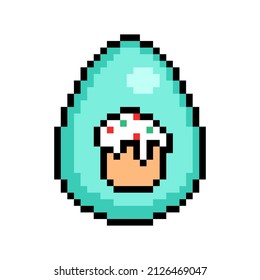Easter egg painted blue decorated with a paska bread or kulich symbol, 8 bit icon isolated on white background. Old school vintage retro 80s, 90s 2d video game, slot machine graphics.