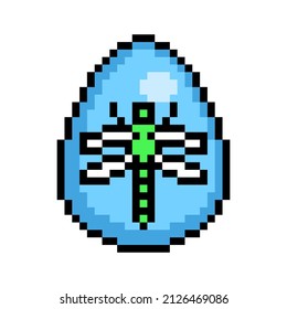 Easter egg painted blue decorated with a dragonfly sticker, 8 bit icon isolated on white background. Old school vintage retro 80s, 90s 2d video game, slot machine graphics.