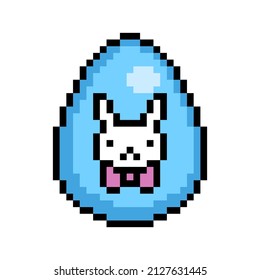 Easter egg painted blue decorated with a bunny with pink ribbon bow sticker, 8 bit icon isolated on white background. Old school vintage retro 80s, 90s 2d video game, slot machine graphics.