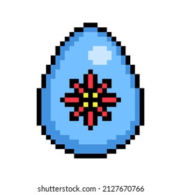 Easter egg painted blue decorated with red flower sticker, 8 bit icon isolated on white background. Old school vintage retro 80s, 90s 2d video game, slot machine graphics.