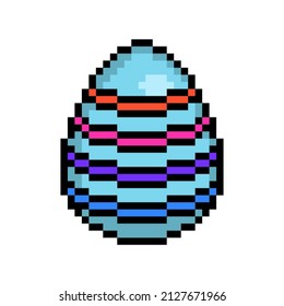 Easter egg painted blue decorated with a colorful stripes, 8 bit icon isolated on white background. Old school vintage retro 80s, 90s 2d video game, slot machine graphics.