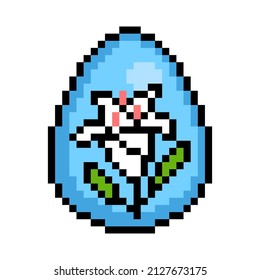 Easter egg painted blue decorated with a white lily flower sticker, 8 bit icon isolated on white background. Old school vintage retro 80s, 90s 2d video game, slot machine graphics.