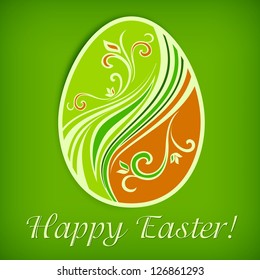 Easter egg painted by floral patterns & text on green, vector illustration