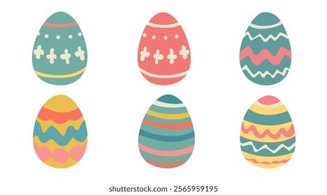 Easter egg, painted with flowers, waves, stripes. Vector set of Easter eggs in flat style on white background.