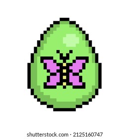 Huevo de Pascua pintado de verde decorado con un símbolo de mariposa rosa, icono de 8 bits aislado en fondo blanco. Viejo colegio vintage retro 80, 2d videojuego de 90, gráficos de máquinas tragaperras.