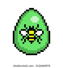 Easter egg painted green decorated with a bee sticker, 8 bit icon isolated on white background. Old school vintage retro 80s, 90s 2d video game, slot machine graphics.