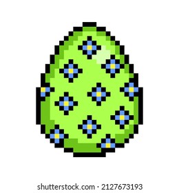 Easter egg painted green decorated with many small blue flowers, 8 bit icon isolated on white background. Old school vintage retro 80s, 90s 2d video game, slot machine graphics.