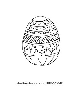 Easter egg painted with patterns. Vector hand-drawn doodle illustration. Black and white outline. Coloring.