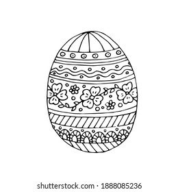 Easter egg painted with patterns. Vector hand-drawn doodle illustration. Black and white outline. Coloring.