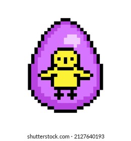 Easter egg painted purple decorated with a yellow chick sticker, 8 bit icon isolated on white background. Old school vintage retro 80s, 90s 2d video game, slot machine graphics.
