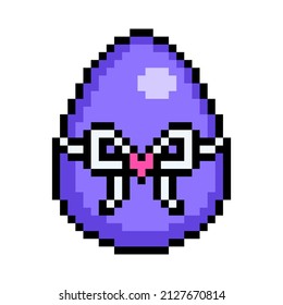 Easter Egg Painted Purple Decorated With White Ribbon Bow And Heart Sticker, 8 Bit Icon Isolated On White Background. Old School Vintage Retro 80s, 90s 2d Video Game, Slot Machine Graphics.