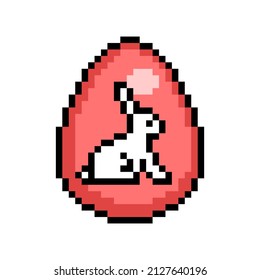 Huevo de Pascua pintado de rojo decorado con una pegatina de conejo sentada, icono de 8 bits aislado en fondo blanco. Viejo colegio vintage retro 80, 2d videojuego de 90, gráficos de máquinas tragaperras.
