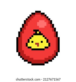 Easter egg painted red decorated with a yellow chick head sticker, 8 bit icon isolated on white background. Old school vintage retro 80s, 90s 2d video game, slot machine graphics.