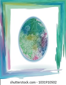 Easter egg  with painted sea view, doodle in white lines,  in spring green color like  aquarelle watercolor , romantic  frame vector