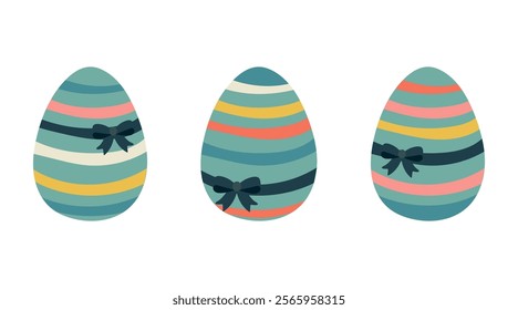 Easter egg, painted with stripes with a bow. Vector set of Easter eggs in a flat style on a white background.