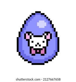 Easter egg painted violet decorated with a mouse with ribbon bow sticker, 8 bit icon isolated on white background. Old school vintage retro 80s, 90s 2d video game, slot machine graphics.