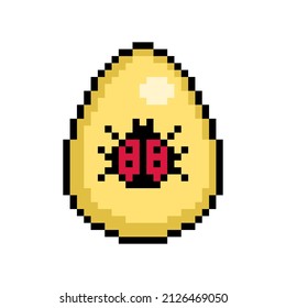 Easter egg painted yellow decorated with a red ladybug sticker, 8 bit icon isolated on white background. Old school vintage retro 80s, 90s 2d video game, slot machine graphics.