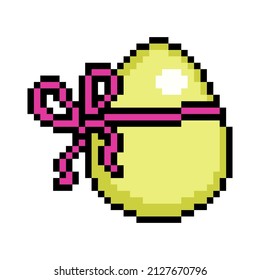 Easter egg painted yellow decorated with pink ribbon bow, 8 bit icon isolated on white background. Old school vintage retro 80s, 90s 2d video game, slot machine graphics.