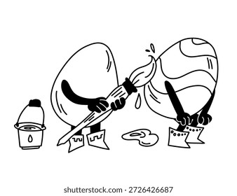 Huevos de Pascua pintando personajes con botas y las manos se pintan entre sí con un pincel y pinturas