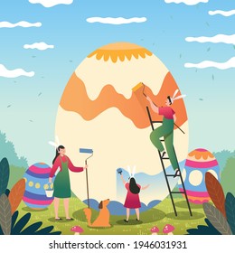 Easter egg painting micro people flat 3d isometric infographic holiday vector template. Spring religious vacation concept card web print materials.