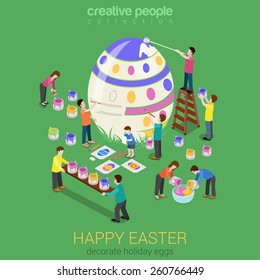 Easter egg painting micro people flat 3d isometric infographic holiday vector template. Spring religious vacation concept card web print materials.