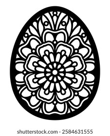 Easter egg. Paper or laser cutting template. Vector illustration. Decorative holiday symbol. Floral ornate egg. Isolated on white background. Carved pattern. For laser, plotter cutting, sublimation.