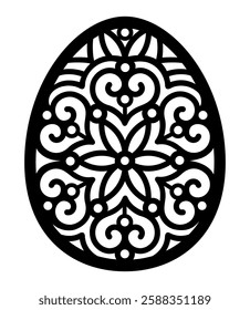 Easter egg. Paper or laser cutting template. Vector illustration. Decorative holiday symbol. Mandala egg. Isolated on white background. Carved pattern. For laser, plotter cutting, sublimation.
