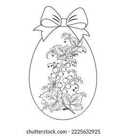 Easter egg with a pattern of berries and leaves and a large bow. Black outline drawing on a white background. Decorative element for design. Anti-stress coloring book for adults and children