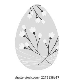Easter egg with a pattern of cherry branches entangled in thin threads in in grayscale. Happy Easter.