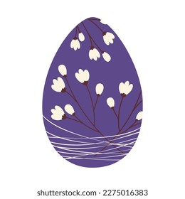 Easter egg with a pattern of cherry branches is intertwined with thin thread in trendy hue of purple