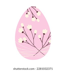 Easter egg with a pattern of cherry branches entangled with thin threads in trendy shades soft pink