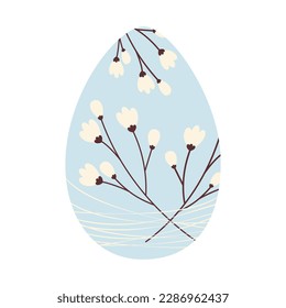 Easter egg with a pattern of cherry twigs intertwined with thin threads in trendy shades soft blue