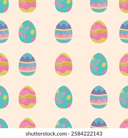 Easter Egg Pattern Description: A seamless pattern of pastel-colored decorated Easter eggs. Decorations, textiles, and holiday-themed products.