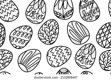 Easter egg pattern in doodle style. Happy Easter banner. Trendy Easter design, hand-painted strokes, dots, eggs, bunny ears, in pastel colors.