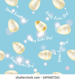 Easter egg. Pattern with realistic Easter eggs. Seamless texture vector illustration with glow effect. Religious holiday background decoration. White eggs with gold ornaments on blue background. 