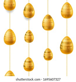 Easter egg. Pattern with realistic Easter eggs. Seamless texture vector illustration with glow effect. Religious holiday background decoration. Golden eggs with gold ornaments on white background. 
