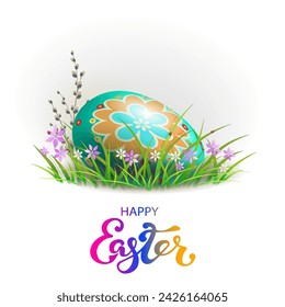 Easter egg with a pattern, with a willow branch on the green grass, with flowers with snowdrops.