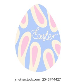 Huevo de Pascua dibujado a mano letras de Pascua y orejas de conejo en azul suave de moda, rosa y blanco