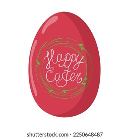Easter Egg with pictures, ornaments. Red egg with an inscription. Congratulations on the holiday of Easter. Postcard design.  Vector illustration.