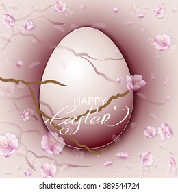 Easter egg and pink cherry flowers background. Vector illustration