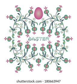 Easter egg and pink flowers on white background 