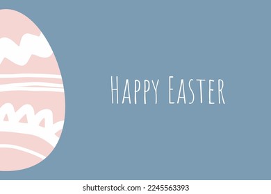 Easter. Easter egg with a pink ornament and a white inscription isolated on a blue background. Postcard, invitation to celebrate Easter, vector illustration.