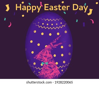 Easter egg and pink rabbit on purple background. Holidays vector illustration in vivid color.