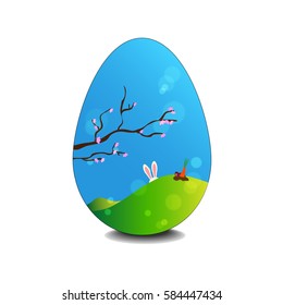 Easter Egg, Pink sakura or cherry blossom in blue sky background, the bunny walking on green meadow hill, vector arts design.