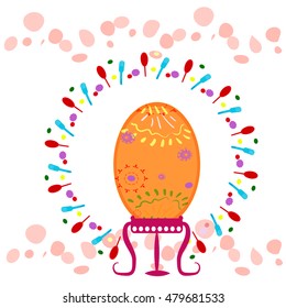 The Easter Egg is placed on a stand. Around the frame of forks and spoons. Illustration in cartoon flat style 