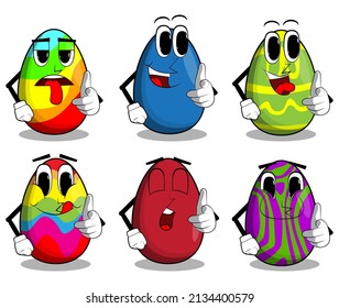 Easter Egg pointing at the viewer with his hand. Cartoon character with funny face for the Easter holiday.