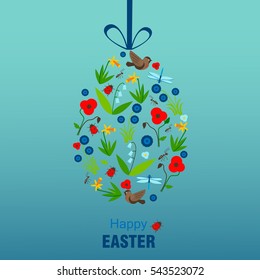 The Easter egg with poppies, daffodils, cornflowers, lily, birds, dragonfly, ants and ladybug. Vector illustration